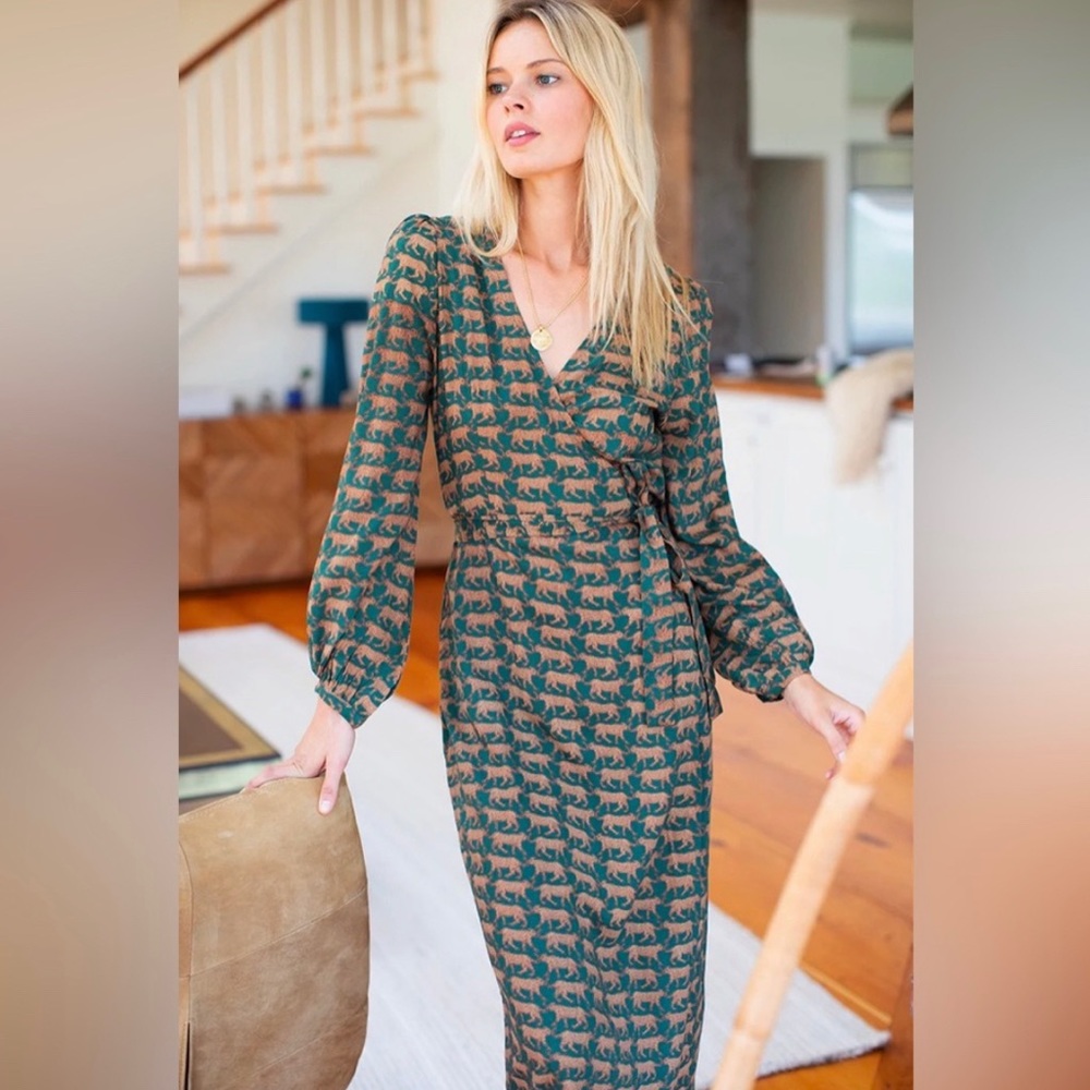 Emerson Fry Bishop Sleeve Dress India Collection Dark Green Cheetah XS
